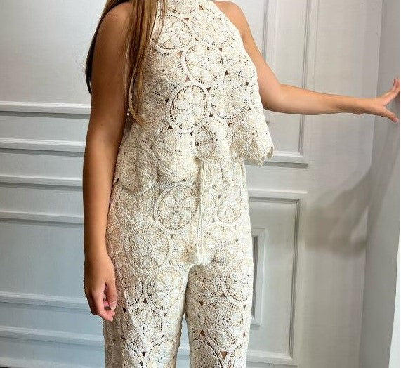 SET TEJIDO TOP Y PANTALÓN BEIGE