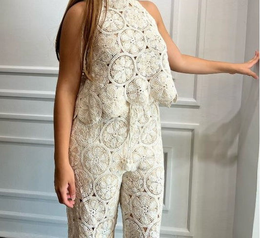 SET TEJIDO TOP Y PANTALÓN BEIGE